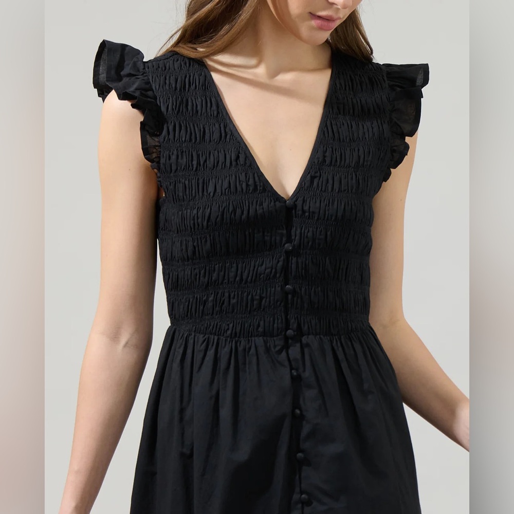 Anthropologie Peregrine Black Smocked Button-Front Mini Dress | Size M